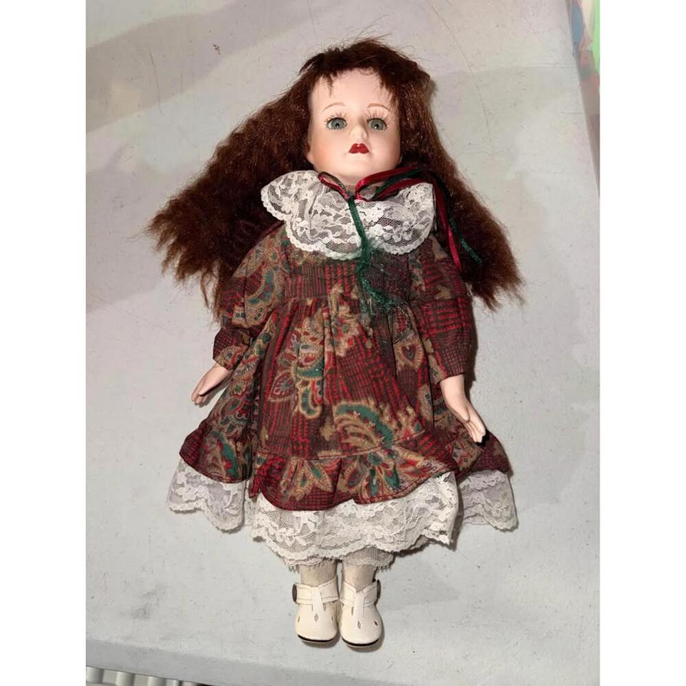 Collectible Porcelain Doll Red Hair Lace Dress